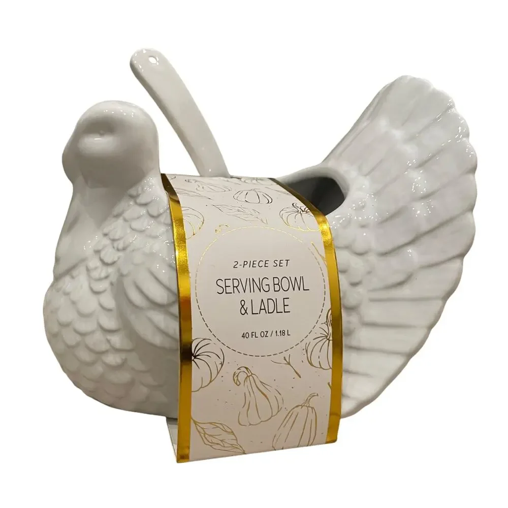 Turkey Shaped Serving Bowl and Ladle 2 Piece Set White 7in New
